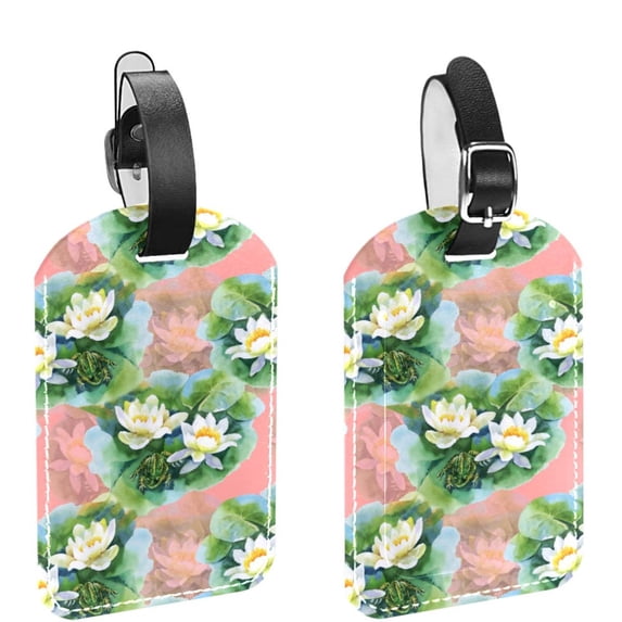 Square 2Pack PU Leather White Water Lily Flowers Cruise Luggage Tag with Privacy Cover and Name ID Tag for Travel Handbags Backpacks Luggage Tags