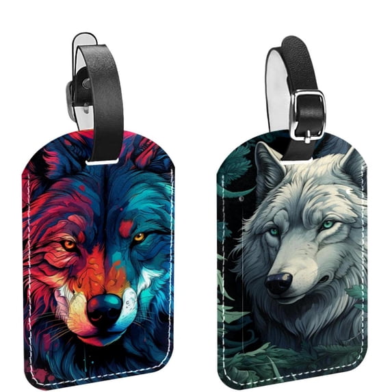 Square 2Pack PU Leather Wolf Cruise Luggage Tag with Privacy Cover and Name ID Tag for Travel Handbags Backpacks Luggage Tags