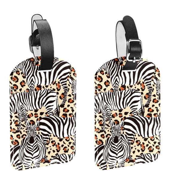 Square 2Pack PU Leather zebra Cruise Luggage Tag with Privacy Cover and Name ID Tag for Travel Handbags Backpacks Luggage Tags