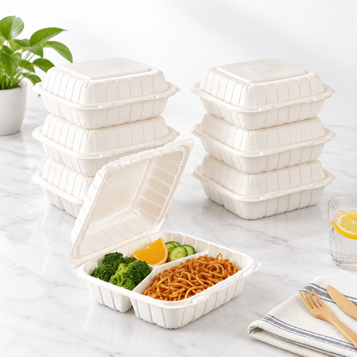 Square 3 compartment-white 8x8-inch 50-pack disposable clamshell ...