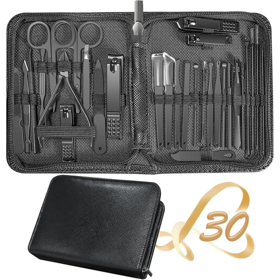 Square 30-in-1 Professional Manicure & Pedicure Set - Complete Nail Care Kit with Clippers, Files & Tools for Travel, Home & Salon Use（Black）