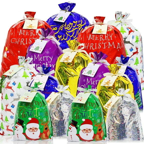 Square 30pcs Christmas Gift Bags Assorted Sizes with Gift Tag & Ribbon Ties, Mini Small Medium Large Holiday Drawstring Bags for Gift Present Wrapping