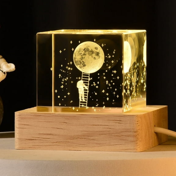 Square 3D Crystal Ball Night Light with 1.96 In Glass Ball Lamp with Wooden LED Base Elegant Fairy Room Table Decor Gifts for Kid Teens WomenNotch Moon Landing