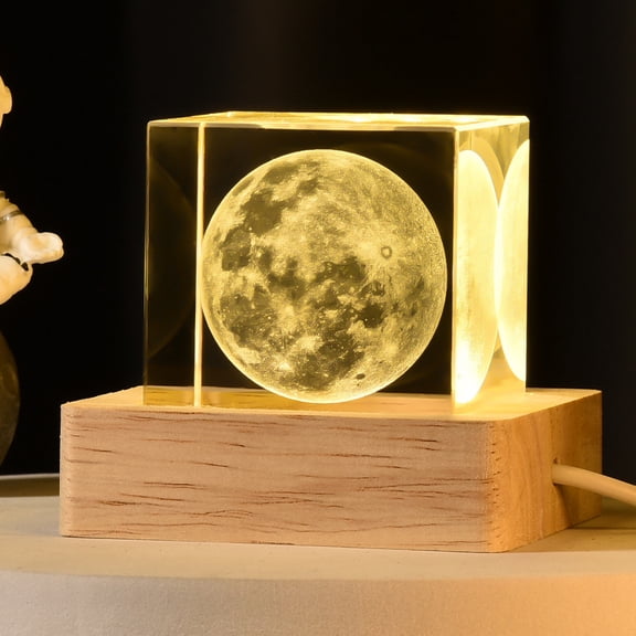 Square 3D Crystal Ball Night Light with 1.96 In Glass Ball Lamp with Wooden LED Base Elegant Fairy Room Table Decor Gifts for Kid Teens WomenNotch Moon