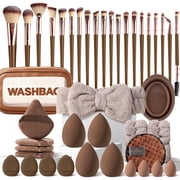 Square 42Pcs Makeup Brush Set - Premium Synthetic Foundation Concealer Eye Shadow Blush Brushes Kit with Makeup Sponge & Powder Puffs for Beginner & Professional Coffee Brown