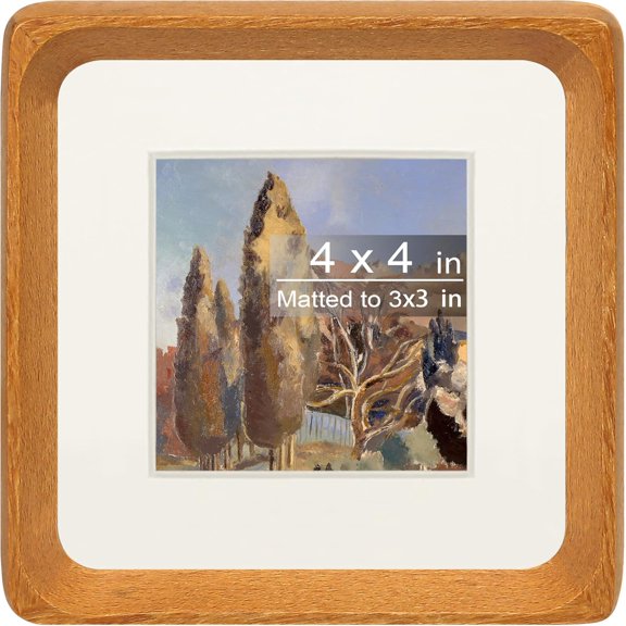Square 4x4 Picture Frame with Mat for 3x3, Natural Teak Wood Handcrafted Rounded Corner with Real Glass, Vertical or Horizontal Display Photo Gallery Wall & Tabletop Frame