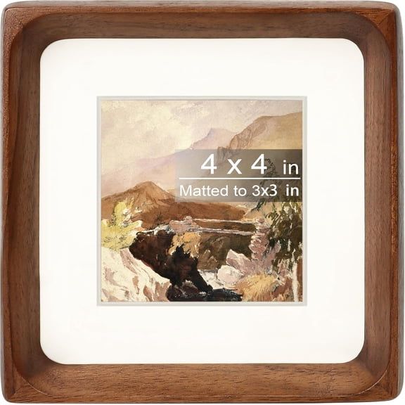 Square 4x4 Picture Frame with Mat for 3x3, Natural Walnut Wood Handcrafted Rounded Corner with Real Glass, Vertical or Horizontal Display Photo Gallery Wall & Tabletop Frame