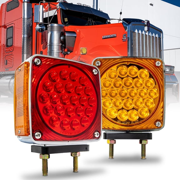 Square 50 LED Fender Light Set for 80" Wide Semi-Trucks [DOT FMVSS-108] [SAE S2T2I6P / AP2] [Dual Stud] Amber/Red Pedestal Mount Fender Lights Kenworth International Peterbilt Mac Freightliner