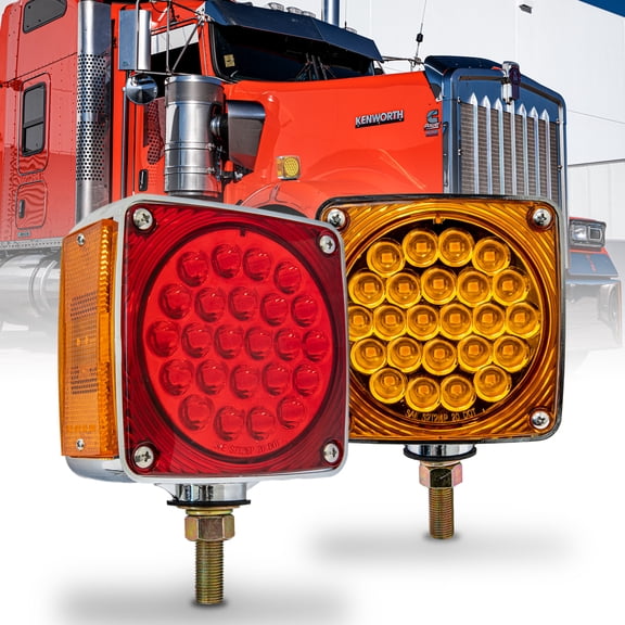 Square 50 LED Pedestal Fender Light Set for 80€ Wide Semi-Truck [DOT FMVSS-108] [SAE S2T2I6P / AP2][Single Stud] Amber/Red Pedestal Mount Fender Light Kenworth International Peterbilt Freightliner