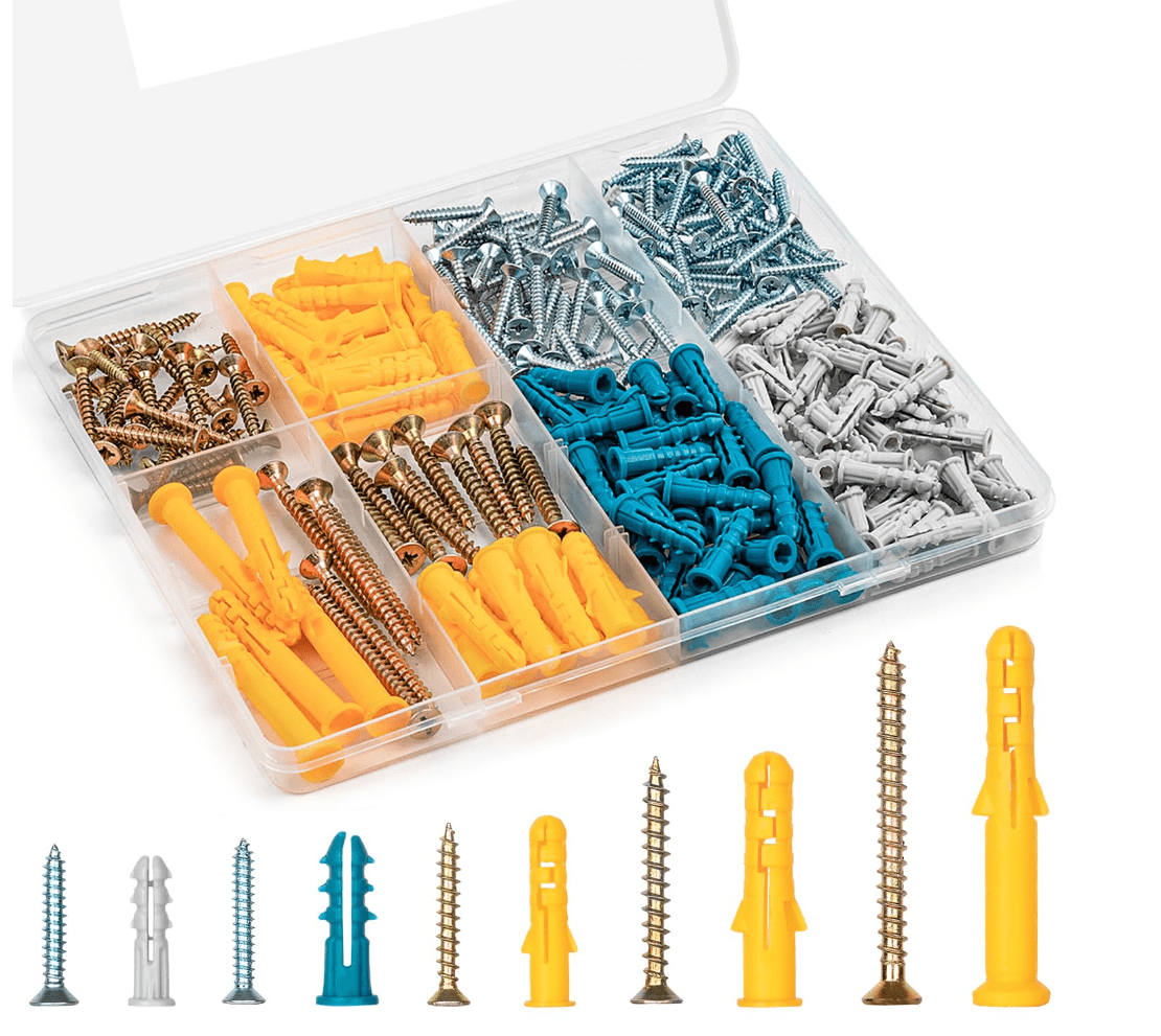 Square  510Pcs Drywall Anchors Assortment Kit for Frame Shelf Decorations, Plant Hooks, 255 Screws and 255 Plugs, Picture Hangers for Drywall Concrete Brick
