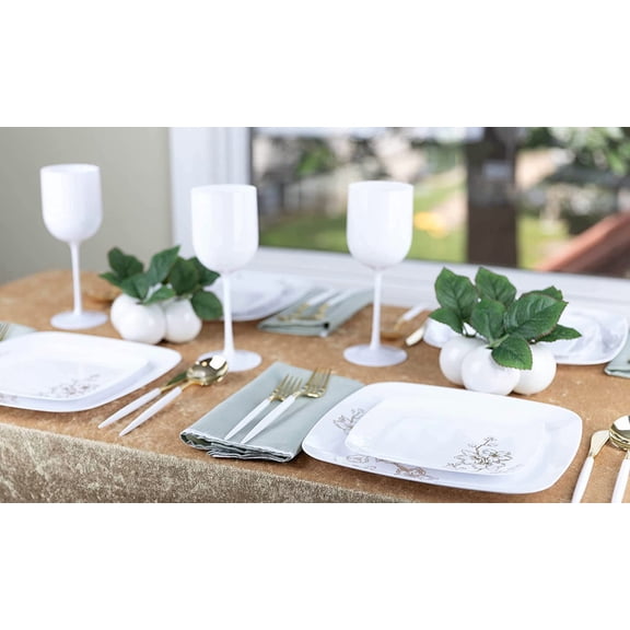Square 64 Piece Combo Plates Set - 32 x 7'' Salad Plates & 32 x 10'' Dinner Plates, White Plastic with Gold Buds Design, Premium Disposable, Tableware