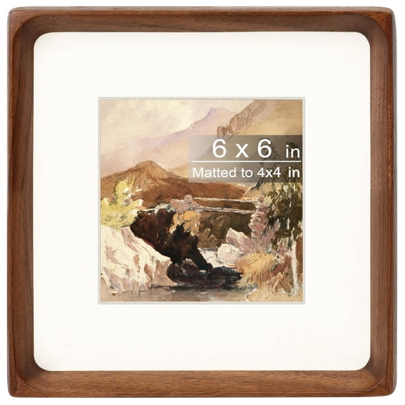 Square 6x6 Picture Frame With Mat For 4x4 Walnut Wood Handcrafted Rounded Corner Real Glass Vertical Or Horizontal Display Photo Gallery Wall & Tabletop