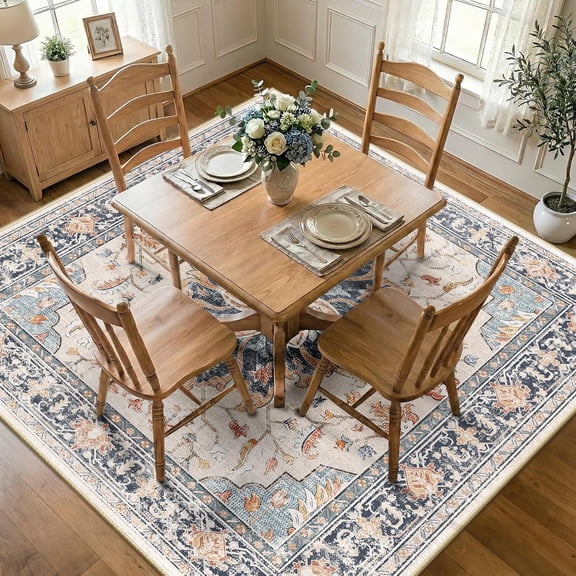 Square 7ft Washable Floral Vintage Rug, Distressed Medallion Carpet, Beige Navy Blue Orange