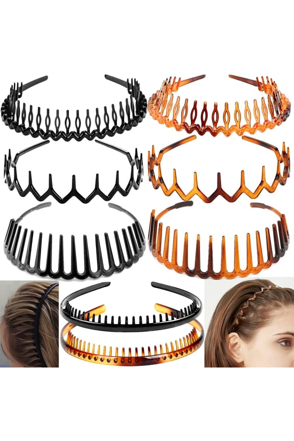 Square 8-Pack No-Slip Grip Headbands with Comb Teeth - Skinny Plastic Headbands for Women & Men, Secure Hold Hair Accessories for All Hair Types , Leopard&Bright Black