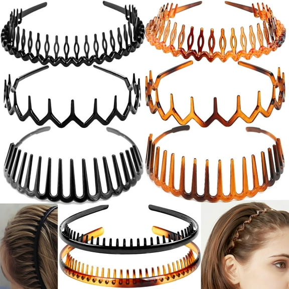 Square 8-Pack No-Slip Grip Headbands with Comb Teeth - Skinny Plastic Headbands for Women & Men, Secure Hold Hair Accessories for All Hair Types , Leopard&Bright Black