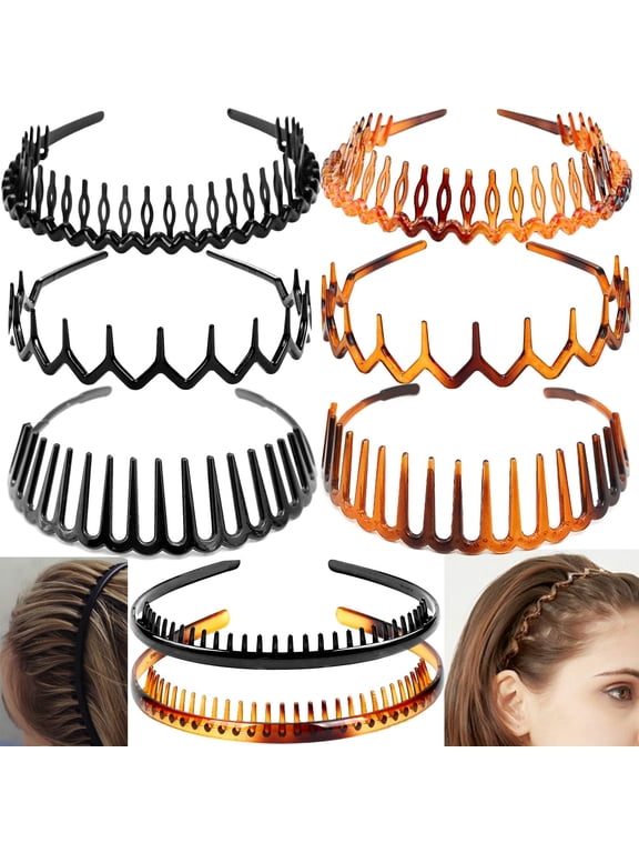 Square 8-Pack No-Slip Grip Headbands with Comb Teeth - Skinny Plastic Headbands for Women & Men, Secure Hold Hair Accessories for All Hair Types , Leopard&Bright Black