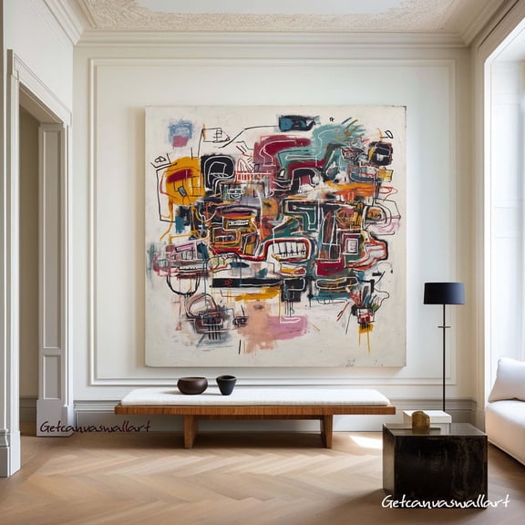 Square Abstract Expressionist Painting Colorful Industrial Graffiti Wall Art Modern Urban Tech Style Art