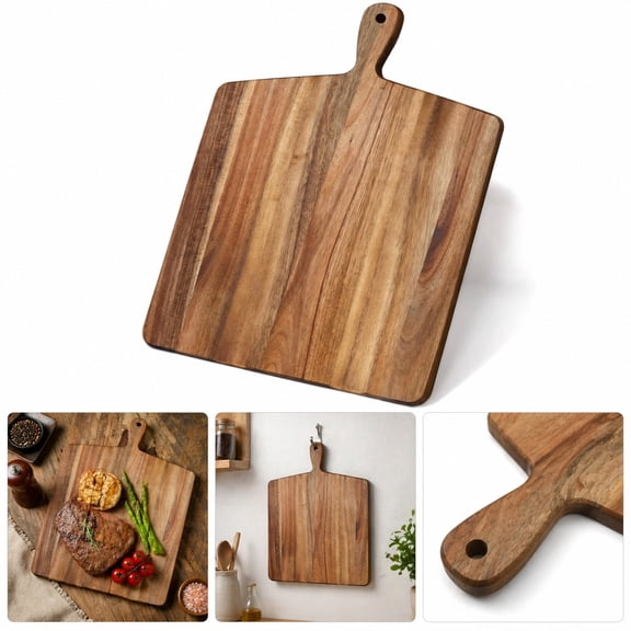 Square Acacia Wood Cutting Board with Handle, Natural Wood Serving & Prep Tray, 17Inch Kitchen and Dining Table Decor