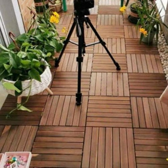 Square Acacia Wood Interlocking Flooring Tiles 12" x 12" Checker Pattern, Patio Tiles Outdoor Interlocking Waterproof All Weather (Pack of 10 Tiles)Brown-B