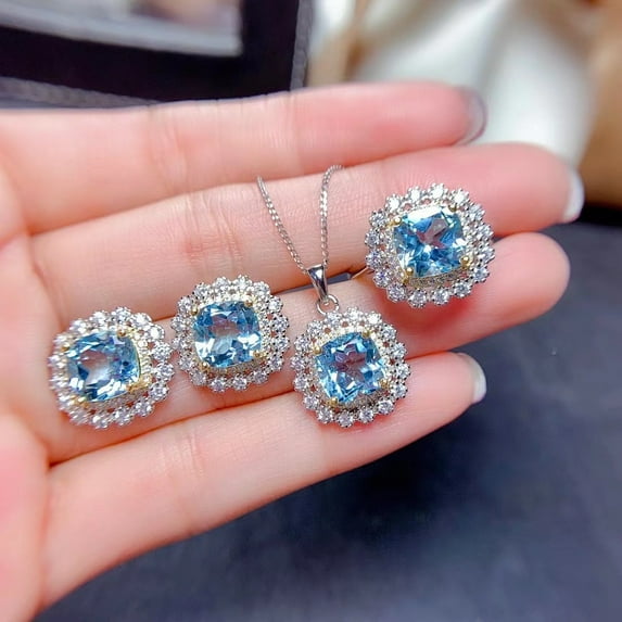 Square Alloy Rhinestone Pendant Necklace & Stud Earring & Finger Ring Sets Indian Sapphire 400mm