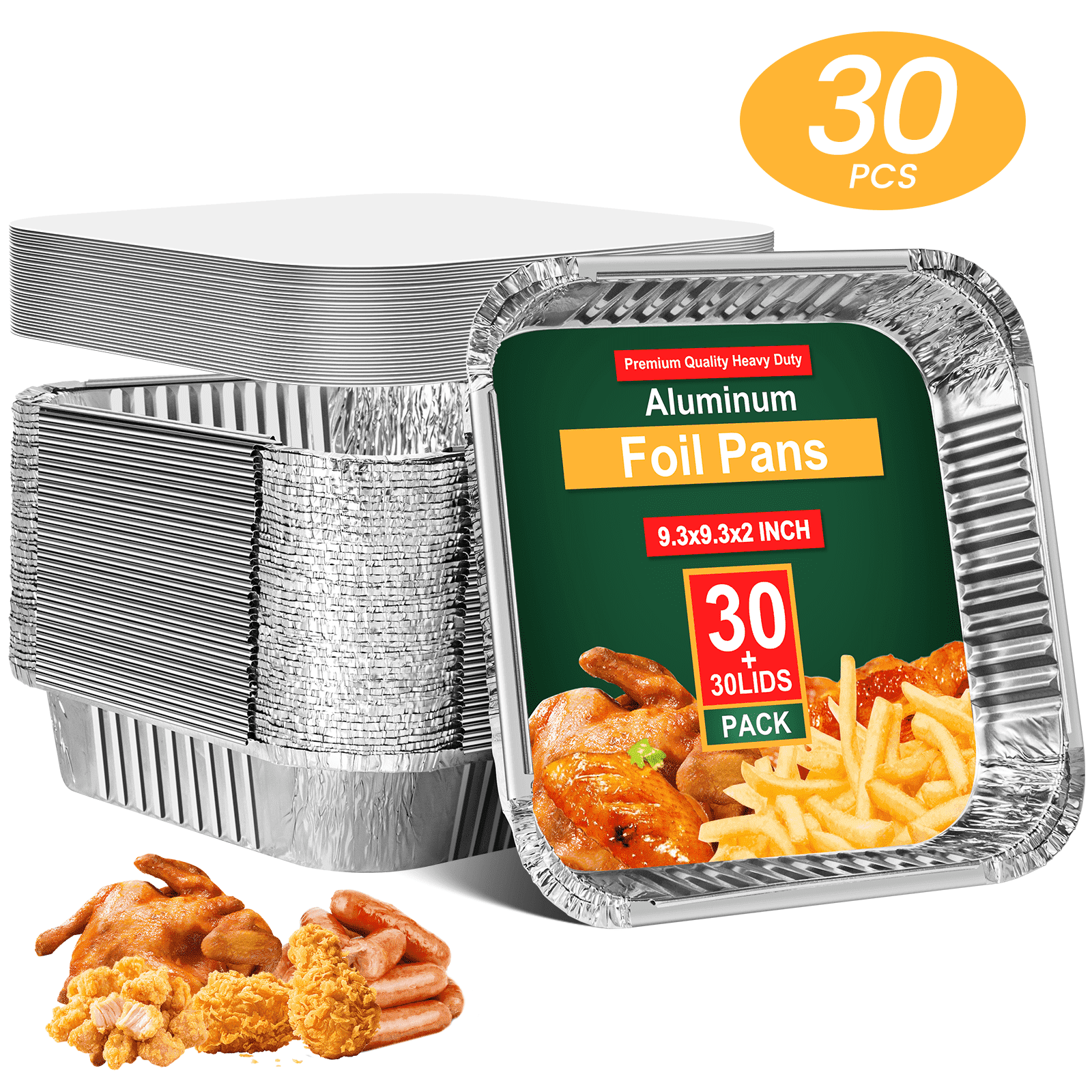GPED Square Aluminum Pans with Lids, 3 L, Heavy-Duty, Small, Aluminum, Tin, Have a Nice Day, 30-Pack Pans and Lids, Attached Cap, 9.3 x 9.3 x 2 in, Brown, 30-Pack