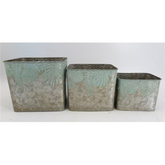 Square Antique Copper & Verdigris Leaves Pattern Planters, Set of 3