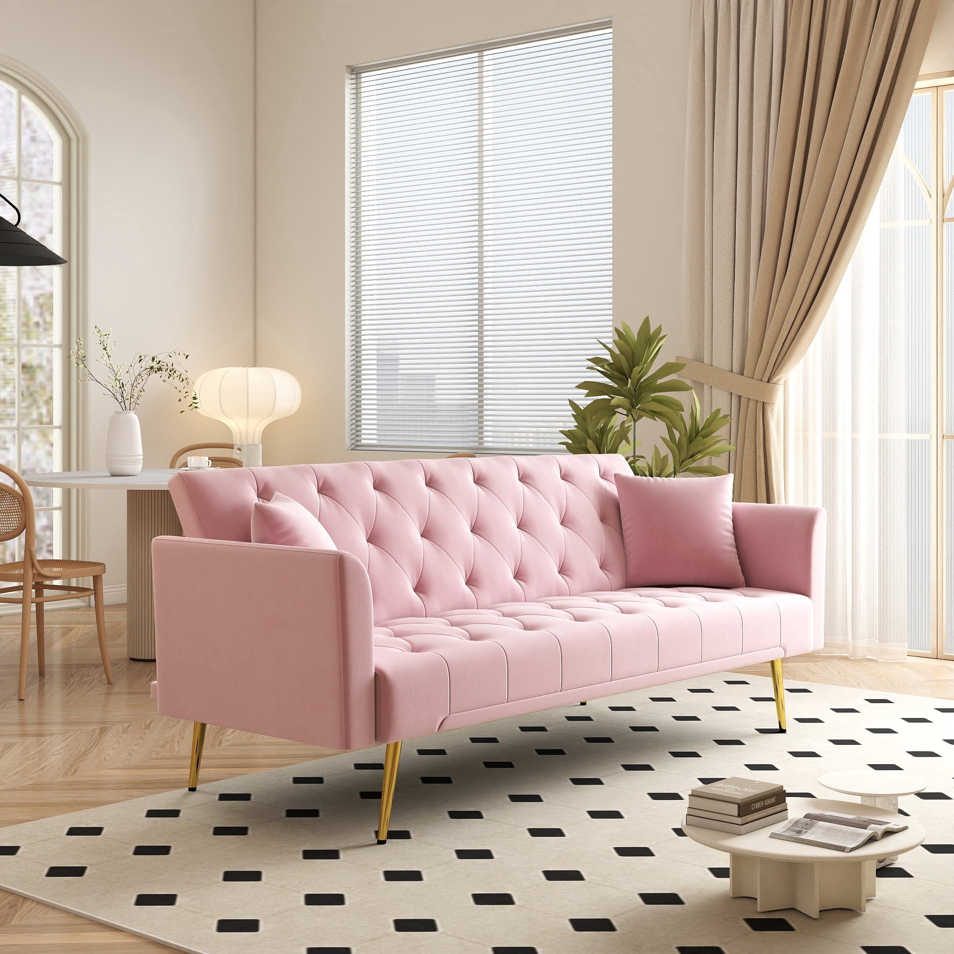 Modern 72" Foldable Sleeper Sofa Bed, 3-in-1 Adjustable Loveseat with Tufted American Retro Style, Pink Velvet Upholstery, Space-Saving for Small Living Rooms, Bedrooms, Apartments, Home Office