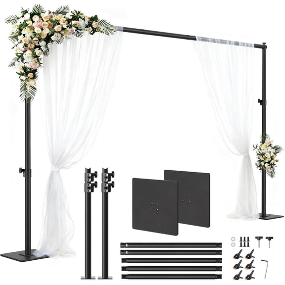 Square Backdrop Stand 6.5x10 ft, Adjustable Photo Backdrop Stand Kit, Heavy Duty Pipe and Drape Photography Background Support with Flat Metal Base for Wedding, Party, Video Studio, Birthday, Black