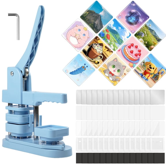Square Badge Press Machine, Button Press Machine for 2 Inches / 50mm Square Fridge Magnetic Stickers, 100 Sets of Button Maker Supplies, Badge Maker Kit for Home School DIY Crafts (Light Blue)