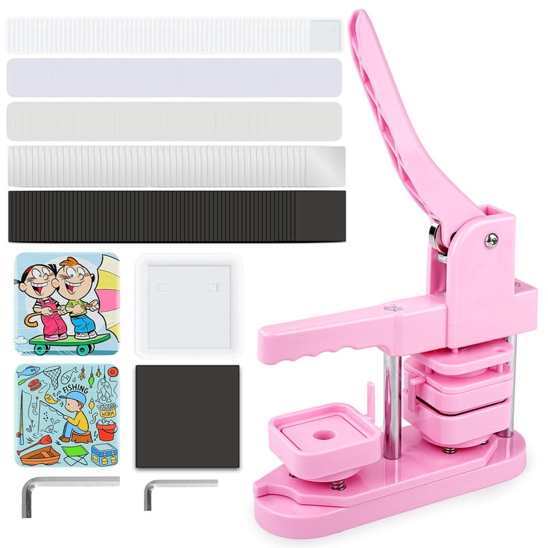 Square Badge Press Machine, Button Press Machine for 2 Inches / 50mm Square Fridge Magnetic Stickers, 100 Sets of Button Maker Supplies, Badge Maker Kit for Home School DIY Crafts, Business (Pink)