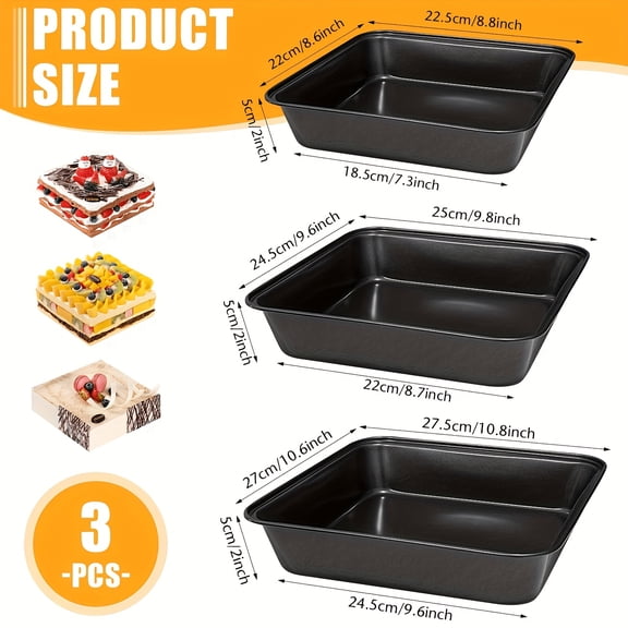 Square Baking Pans with Nonstick 2 in Deep Design, 3 Pack Cake Pans for Brownies Black