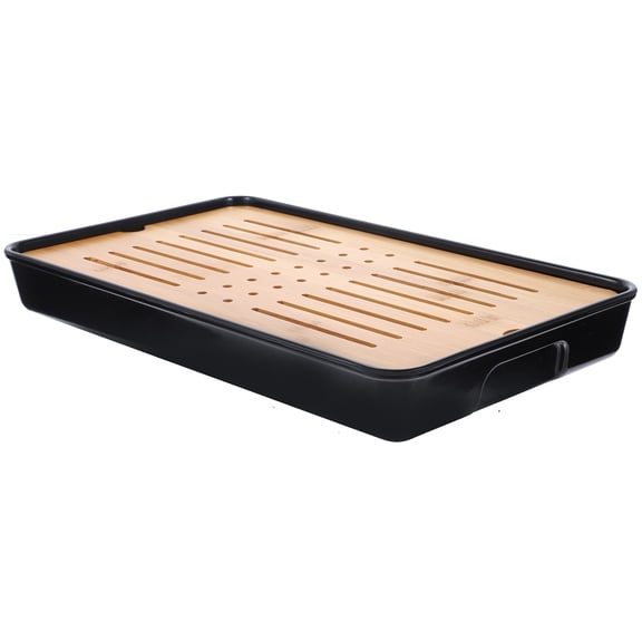 FENGGUIQU Black Bamboo Tea Tray for Kitchen Use Multipurpose Tea Set Drain and Serving Tray with Leak Prevention