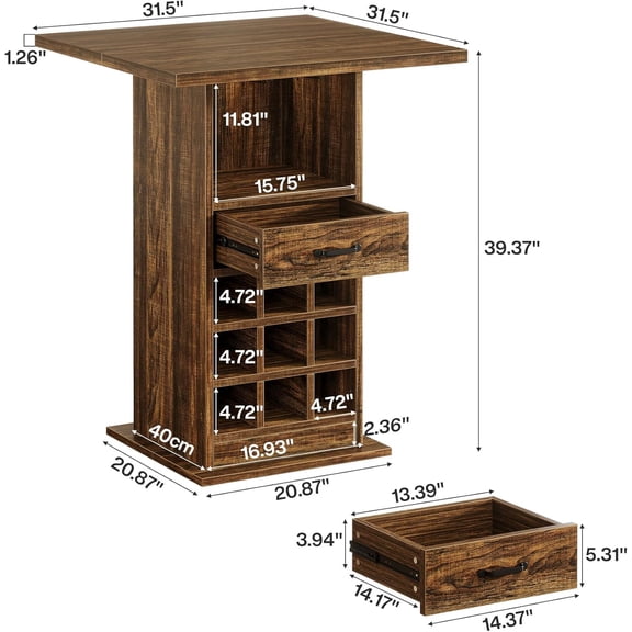 Square Bar Table, 39.37" H Industrial Cocktail Pub Table with Storage and Wine Rack, Home Bar Unit for Living Room, Kitchen (1, Rustic Brown)