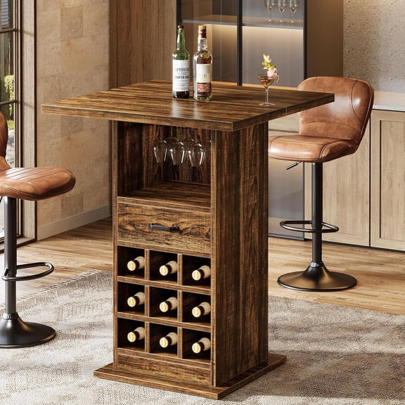 Square Bar Table, 39.37" H Industrial Cocktail Pub Table with Storage and Wine Rack, Home Bar Unit for Living Room, KitchenRustic Brown