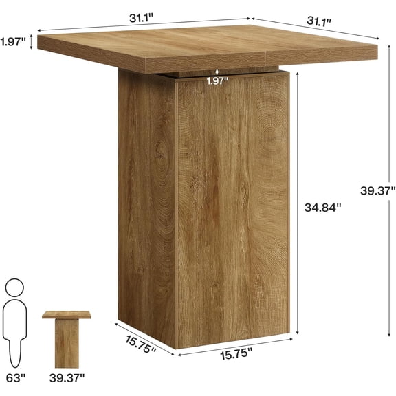 Square Bar Table 39.4" H Industrial High Top Bistro Pub Cocktail Table Small Counter Height Dining Table for Kitchen Nook Home Bar Coffee Corner Natural Oak