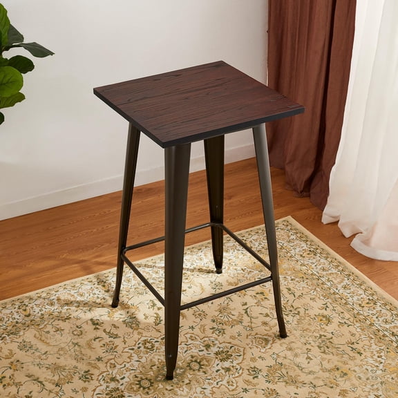 Square Bar Table, 41.25" H Elm Wood Top Bistro Pub Table with Heavy-Duty Metal Footrest, Rustic Kitchen Island Table for Dining Coffee Cocktail Living Room Small Space