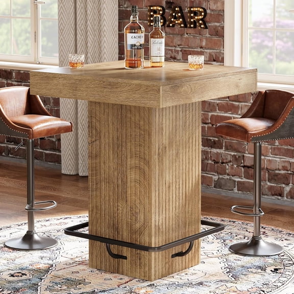 Square Bar Table, Kitchen Dining Table, Industrial Counter Height Pub Cocktail Table Home Bar Unit with Metal Footrest for Dining Room, Tavern, Coffee Corner, Bistro, Natural Brown