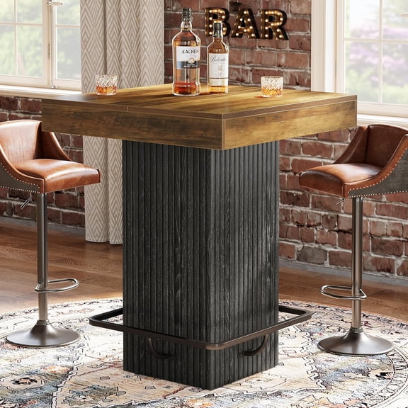 Square Bar Table, Kitchen Dining Table, Industrial Counter Height Pub Cocktail Table Home Bar Unit with Metal Footrest for Dining Room, Tavern, Coffee Corner, Bistro, Rustic Brown