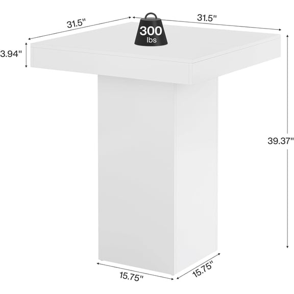 Square Bar Table, Modern Kitchen Dining Table, Counter Height Pub Cocktail Tables for Dining Room, Tavern, Coffee Corner, Party, 31.5 x 31.5 x 39.4 Inches, White