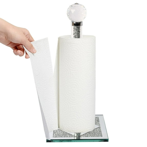 Square Base Standing Paper Towel Stand with Sparkly Crystal Crushed Diamonds Decor for Kitchen Table Bathroom (Silver)