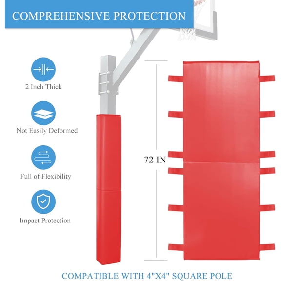 Square Basketball Pole Padding Fits 4x4 Inch Pole, Durable 6 Feet Tall Basketball Pole Pad Outdoor and Indoor, UV-Resistant Waterproof Basketball Hoop Pads for Protection and Player Safety