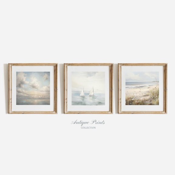 Square Beach Vintage Seascape Light Blue Coastal Gallery Wall Art Set 3 Unframed Paper Print 8x12