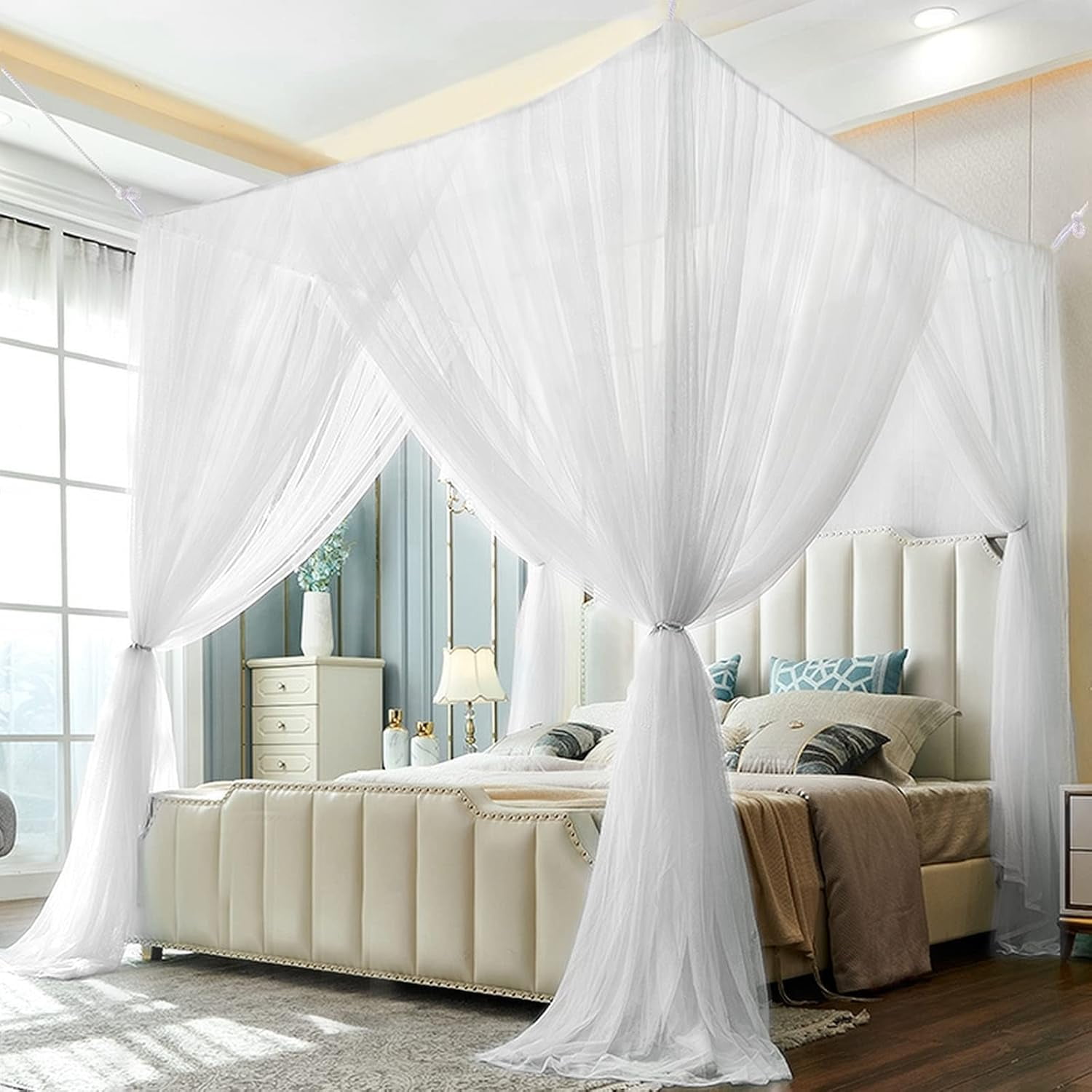 Square Bed Canopy Set, Decorative Elegant Bed Net Four Corner Post Canopy, Quick And Easy Installation For Single And Double Beds, White, 210 X 190 X 240 Cm