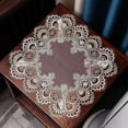 thumbnail image 1 of Square Bedside Tablecloth Nightstand Cover ， Lace Table Doilies Embroidery Floral Small Tablecloth Polyester Cotton Fabric Table Topper Decor for Wedding Holiday Party Vase Mat Purple, 1 of 6