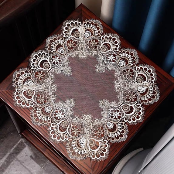 Square Bedside Tablecloth Nightstand Cover , Lace Table Doilies Embroidery Floral Small Tablecloth Polyester Cotton Fabric Table Topper Decor for Wedding Holiday Party Vase Mat Purple
