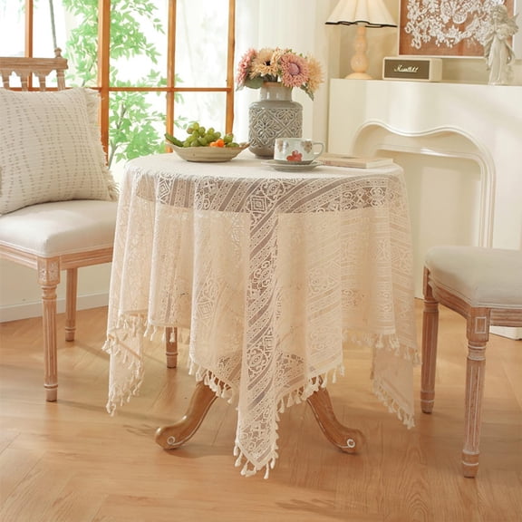 Square Beige Boho Tablecloth for Coffee Table French Vintage Tablecloth with Tassels Polyester Lace Fabric Washable Table Overlays for Dining, Birthday, Wedding 36 Inch
