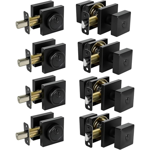Square Black Door Knob and Deadbolt Lock,Keyed Alike Door Locks for Front Door.(Matte Black,4pack-Set)