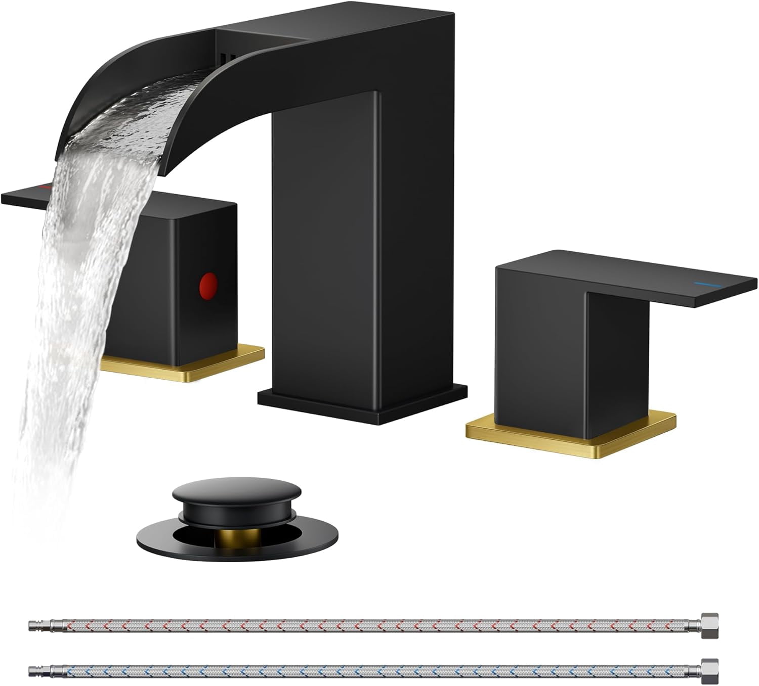 Square Black and Gold Bathroom Faucets 3 Hole, Waterfall 8 Inch ...