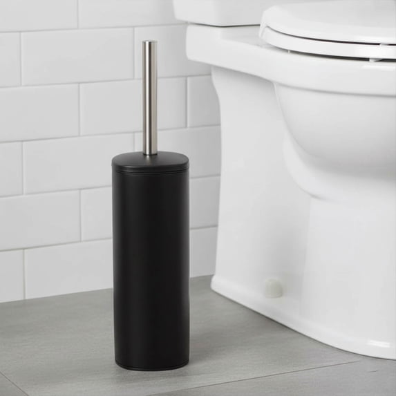Square Black Metal Toilet Brush and Holder - Modern Bathroom Cleaning Tool with Sturdy Handle, Splash Guard, Removable Inner Protection, Contemporary Style - Fits Minimalist Decor