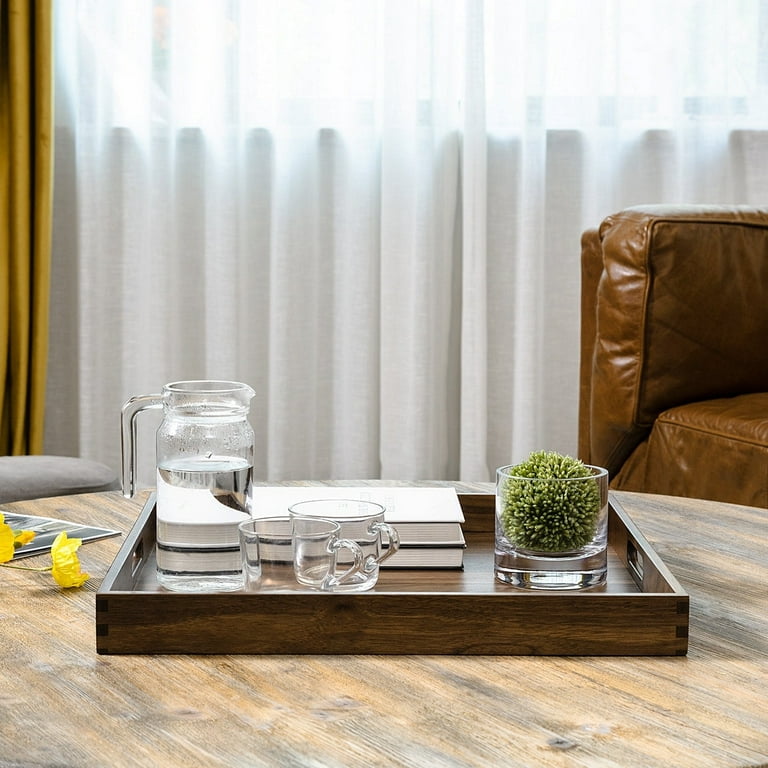 Square Black Walnut Wood Serving Tray Ottoman Tray with Handles